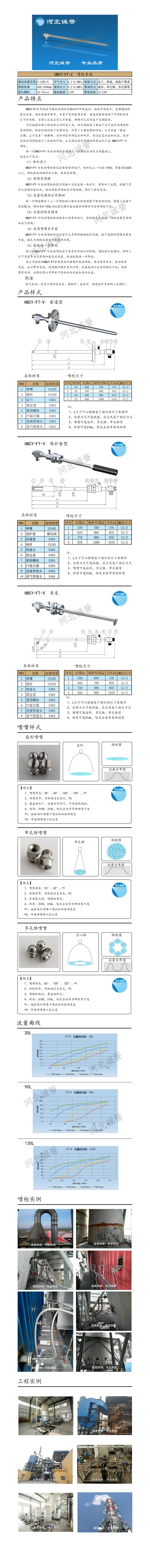 FT-V氨水噴槍、保護套、噴槍參數(shù)、材質(zhì)尺寸、流量分布圖、扇形空心錐俯視圖介紹，以及氨水噴槍霧化視頻展示和工程案例介紹